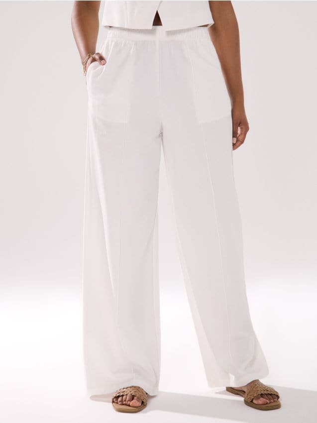 Sinsay - Spodnie wide leg z ozdobnymi przeszyciami - kremowy