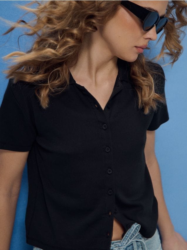 Sinsay - Bluză din bumbac cu mânecă scurtă - negru