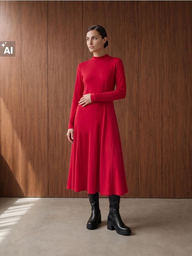 Sinsay - Rochie midi tricotată cu guler înalt - roșu