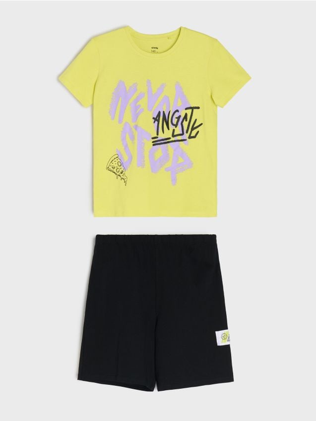 Sinsay - Pijama din bumbac în două piese cu imprimeu - verde-gălbui