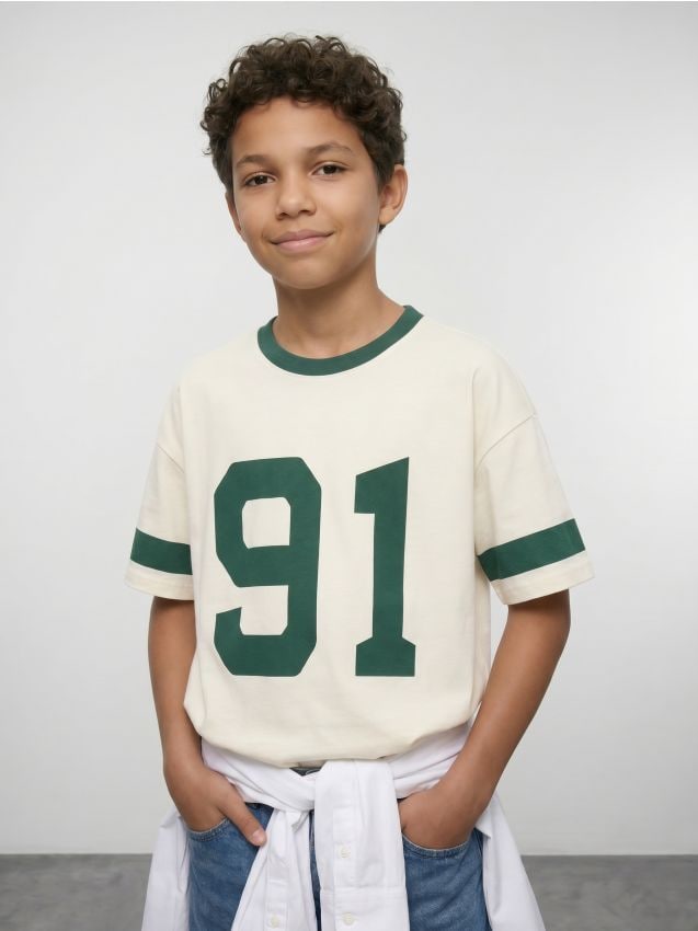 Sinsay - Tricou oversize din bumbac cu imprimeu - crem