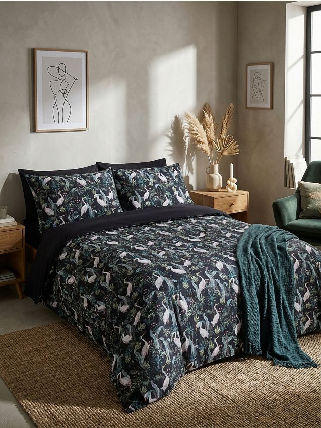 Sinsay - Set de lenjerie de pat cu model și imprimeu cu cocori - negru