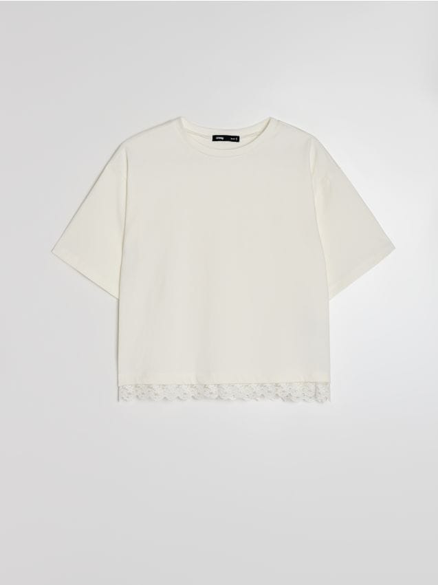 Sinsay - Bawełniana koszulka z ozdobną koronką - kremowy