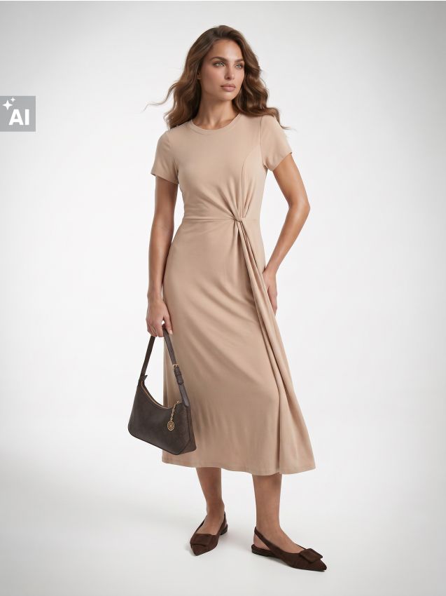 Sinsay - Rochie maxi tricotată cu plisuri decorative - nude