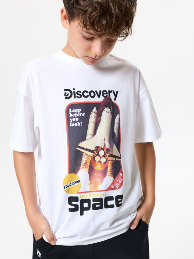 Sinsay - Tricou oversize din bumbac cu imprimeu Discovery - alb