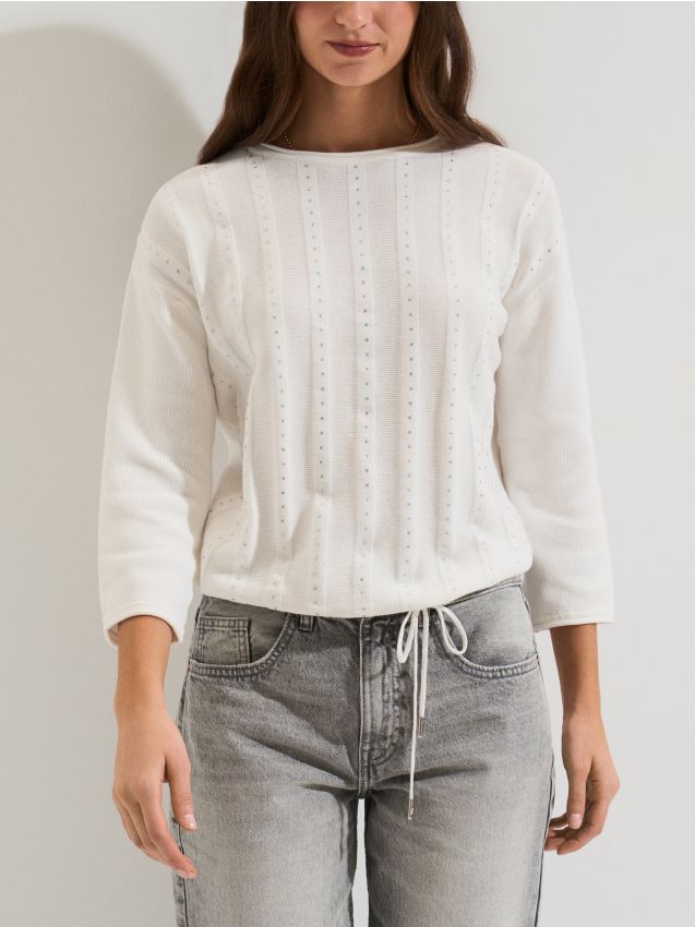 Sinsay - Pulover cu pietre strălucitoare și legare - crem