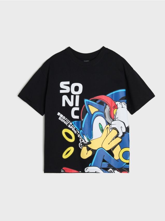 Sinsay - Tricou oversize din bumbac cu imprimeu Sonic the Hedgehog - negru