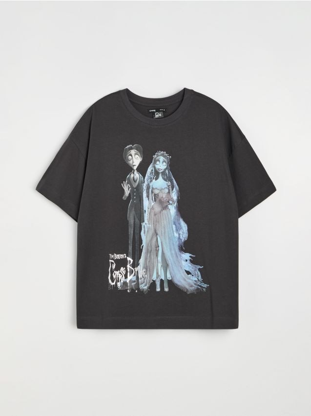 Sinsay - Tricou din bumbac cu imprimeu Tim Burton’s Corpse Bride - gri-închis