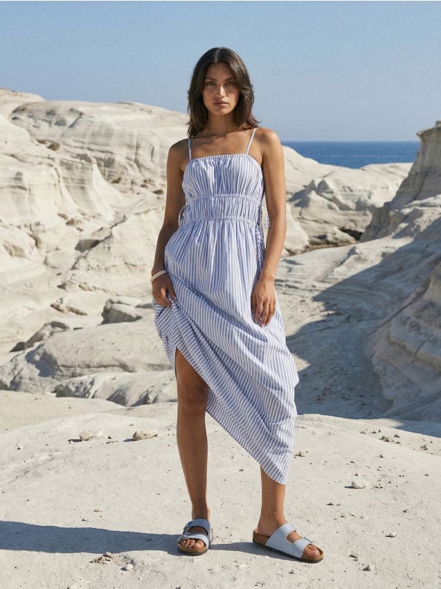 Sinsay - Rochie maxi din bumbac cu bretele și fronseuri - multicolor