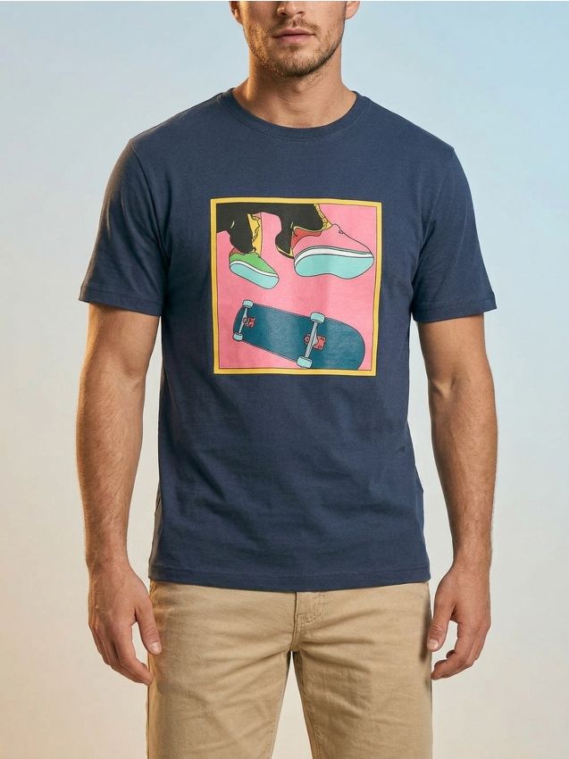 Sinsay - Tricou din bumbac cu mânecă scurtă cu motiv skater - albastru metalizat