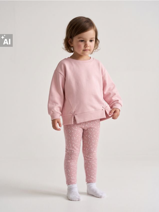 Sinsay - Set din bumbac: bluză crewneck cu fundițe și colanți cu model floral - roz-pastel