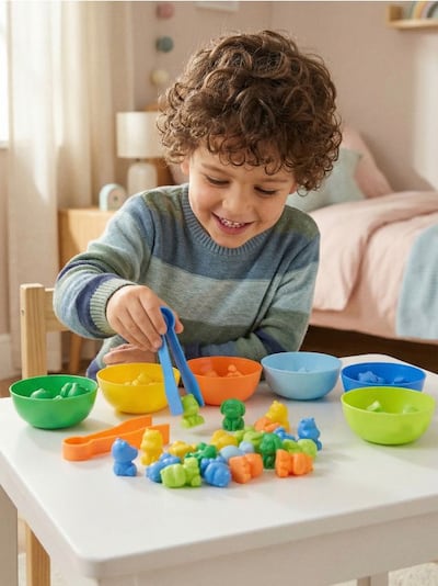 Värviliste sorteerimisloomade komplekt kausside ja tangidega 44 tk