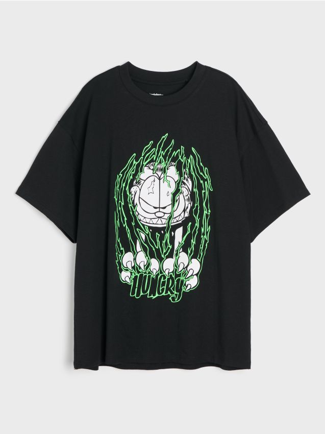 Sinsay - Tricou oversize din bumbac cu imprimeu Garfield - negru