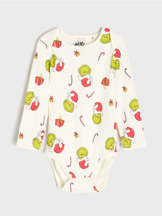 Sinsay - Body din bumbac cu imprimeu Grinch - crem