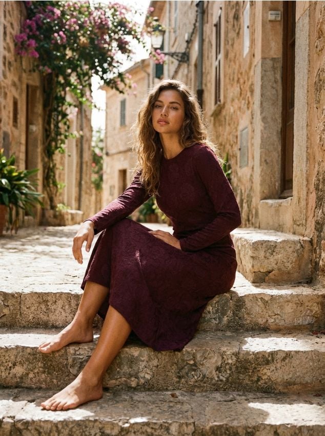 Sinsay - Rochie maxi jacquard cu model floral - bordo