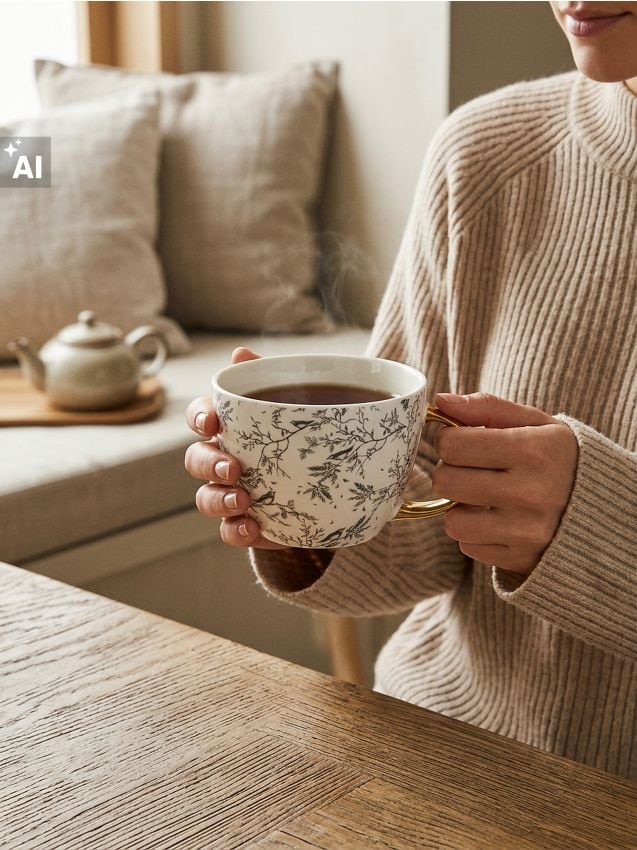 Sinsay - Cană ceramică cu motiv vegetal - alb