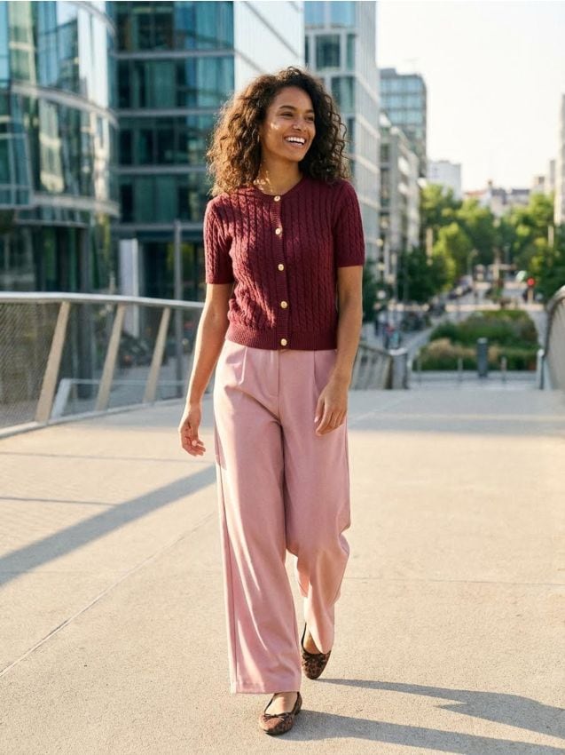 Sinsay - Pantaloni wide leg - roz-pudră