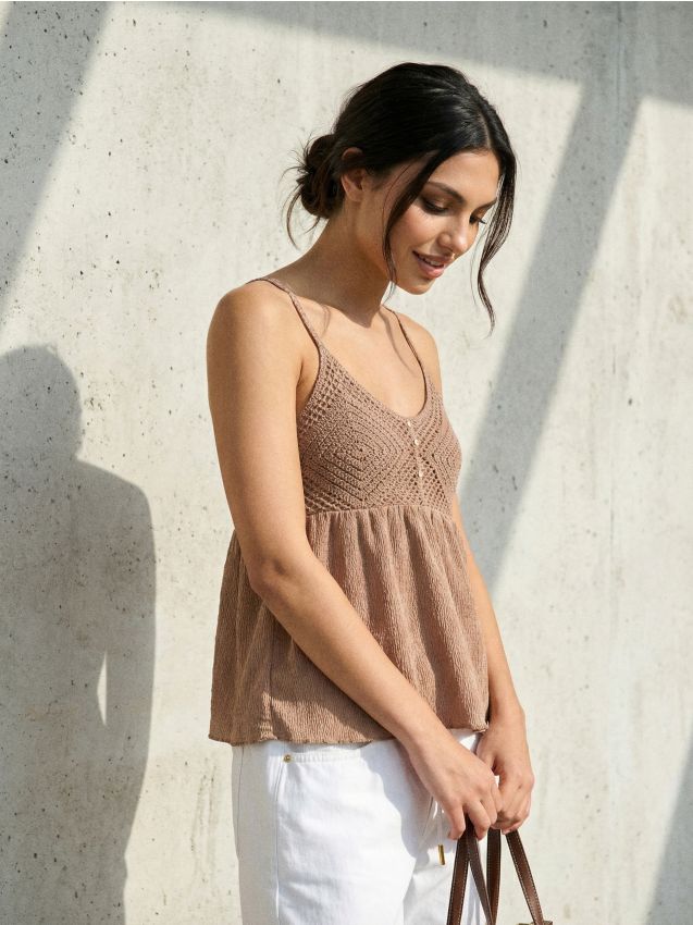 Sinsay - Top fără mâneci cu detalii din dantelă - bej