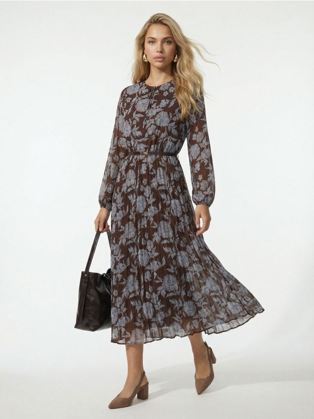 Sinsay - Rochie midi cu tiv plisat și curea - multicolor