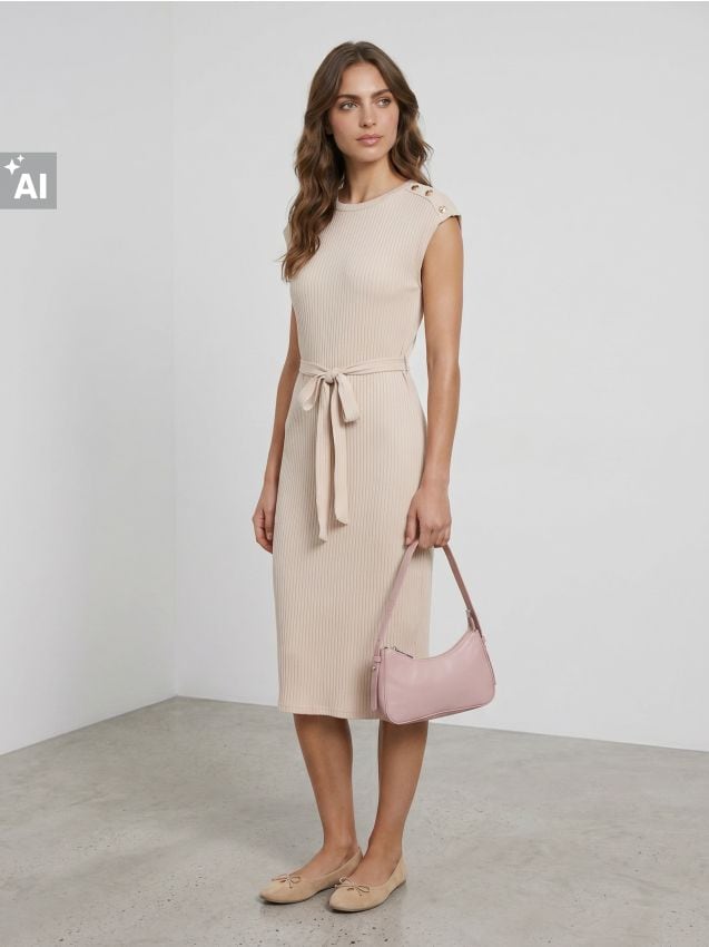 Sinsay - Rochie midi reiată cu curea - nude