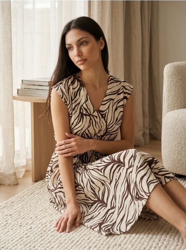 Sinsay - Rochie midi din vâscoză cu imprimeu abstract - maro