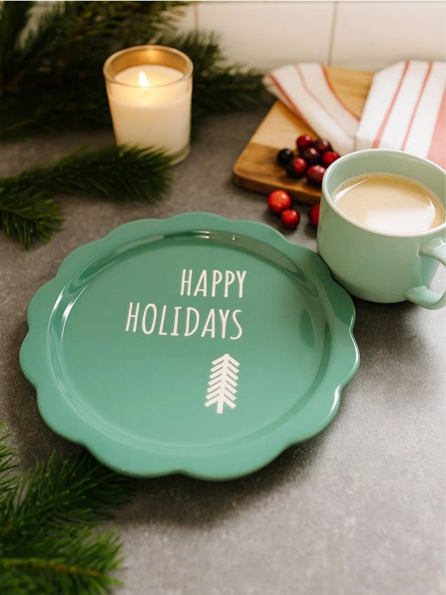 Sinsay - Vianočný keramický tanier s nápisom Happy Holidays - bledozelená