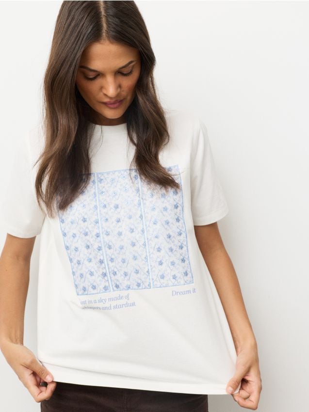 Sinsay - Tricou din bumbac cu mânecă scurtă - crem