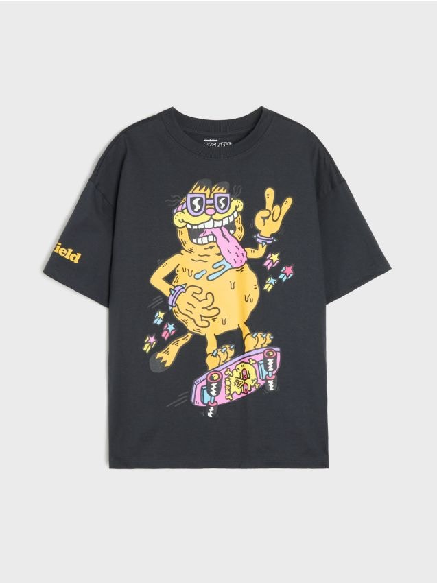 Sinsay - Tricou oversize din bumbac cu imprimeu Garfield - gri-închis