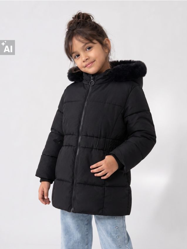 Sinsay - Geacă puffer matlasată cu glugă și blăniță - negru