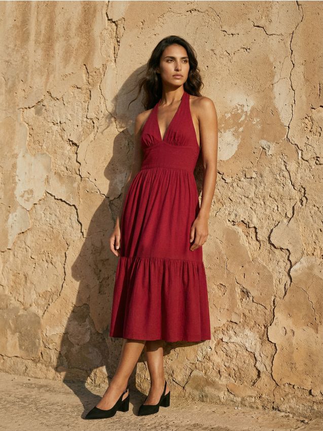Sinsay - Rochie midi evazată cu decolteu halter cu viscoză - mov