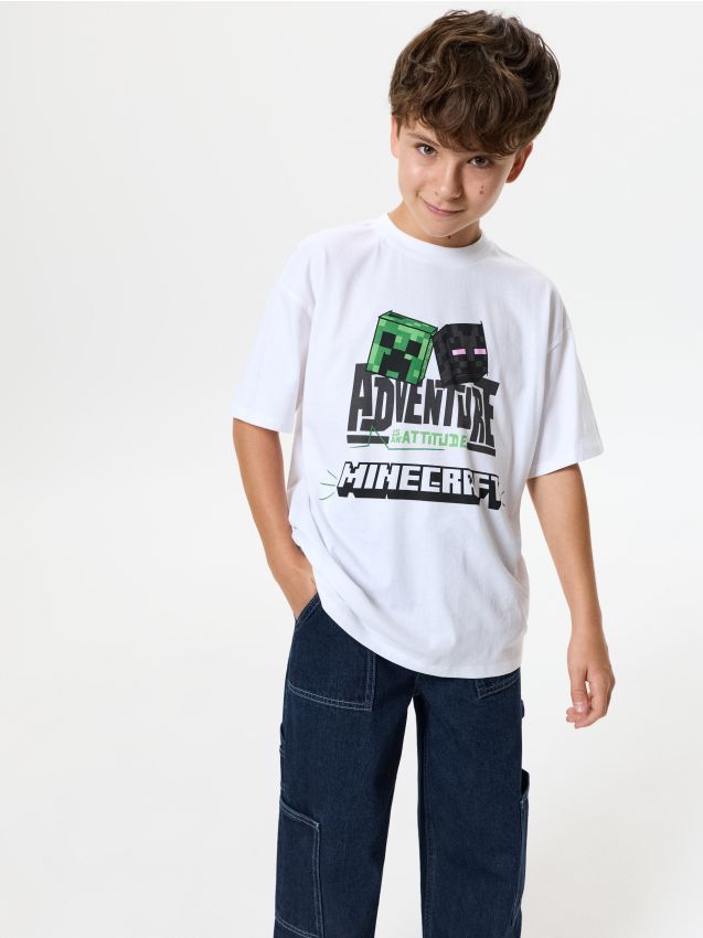 Sinsay - Tricou oversize din bumbac cu imprimeu Minecraft - alb