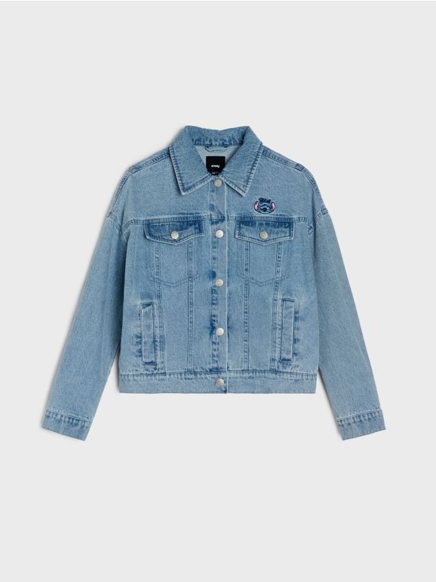 Sinsay - Jeansowa kurtka katana z efektem sprania Lilo & Stitch - niebieski