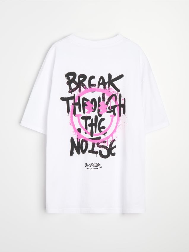 Sinsay - Tricou din bumbac cu imprimeu pe spate SmileyWorld® - alb