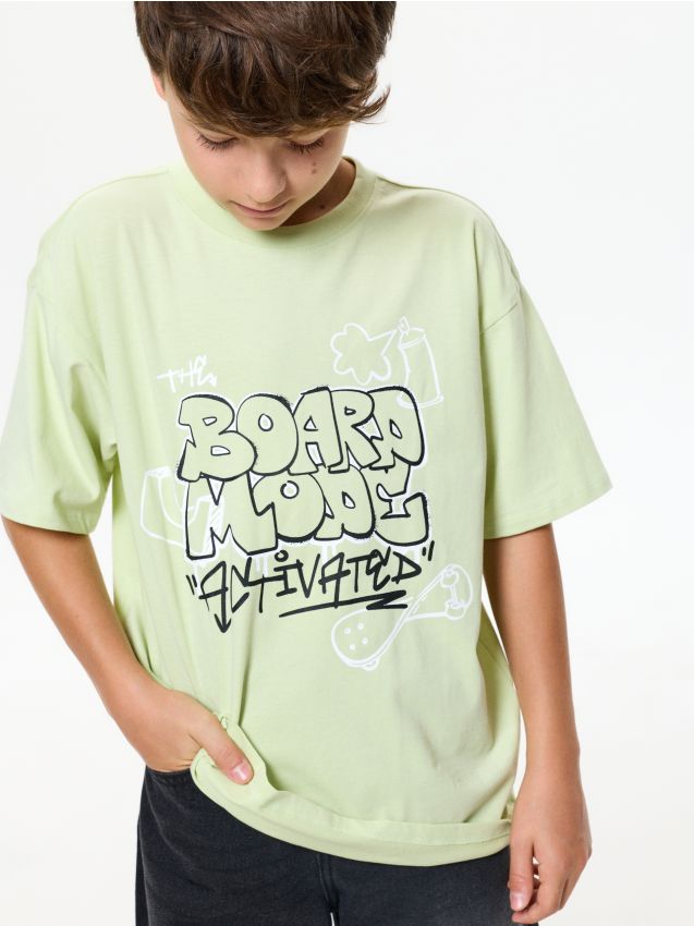 Sinsay - Tricou oversize din bumbac cu imprimeu graffiti - verde-deschis