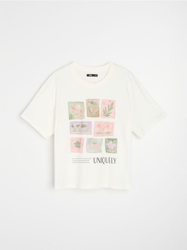 Sinsay - Tricou din bumbac cu imprimeu floral - crem