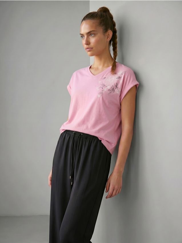 Sinsay - Tricou din vâscoză cu mâneci scurte și imprimeu floral - roz-trandafiriu