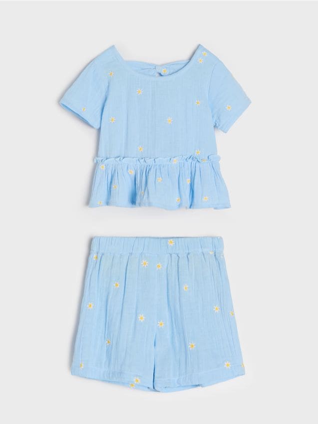 Sinsay - Bawełniany komplet: bluzka i szorty - błękitny