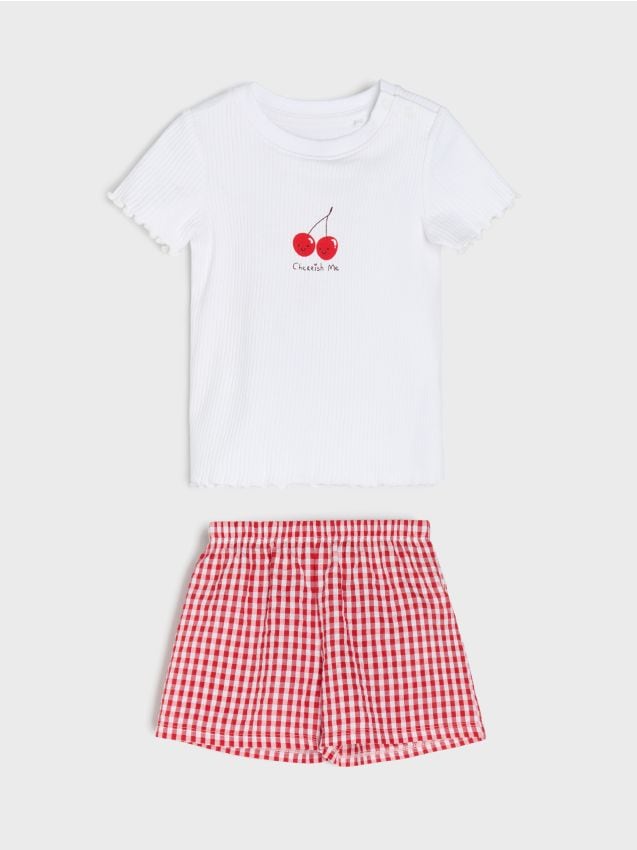Sinsay - Pijama din bumbac din două piese cu motiv de cireșe - crem
