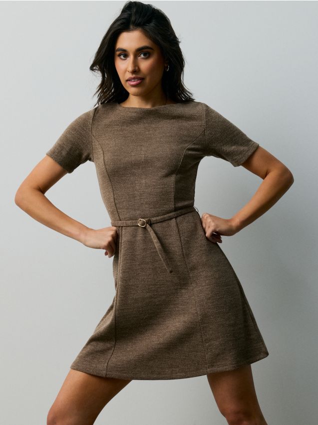 Sinsay - Rochie mini cu mânecă scurtă și cordon - gri-neutru
