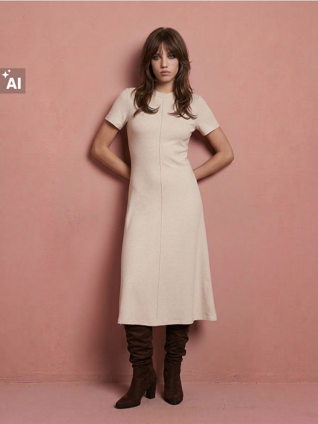 Sinsay - Rochie midi tricotată cu guler înalt - nude