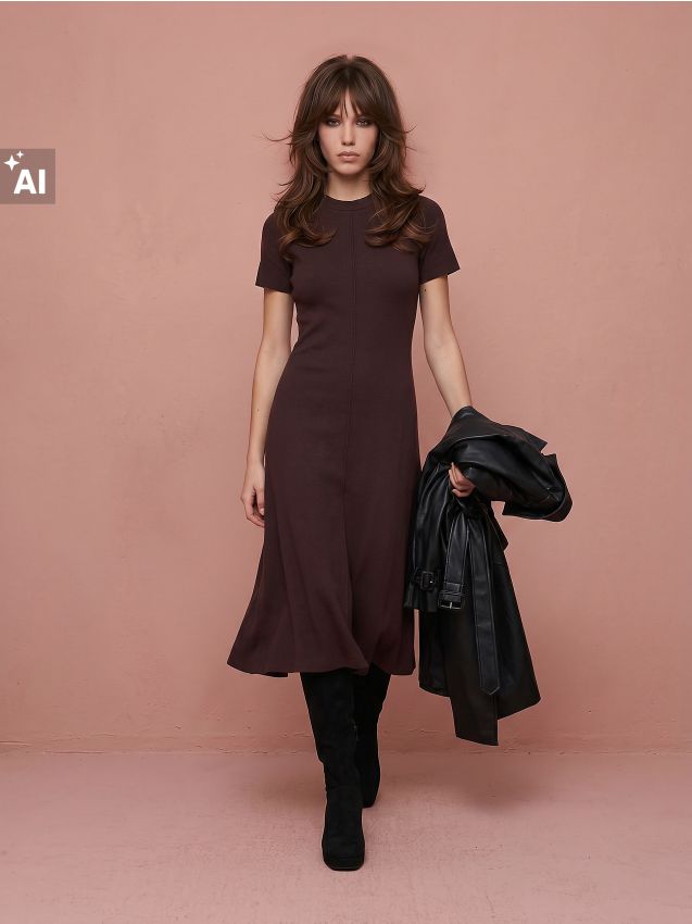 Sinsay - Rochie midi tricotată cu guler înalt - maro-închis