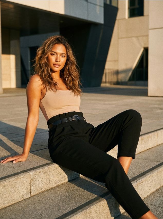 Sinsay - Eleganckie cygaretki paperbag z paskiem - czarny