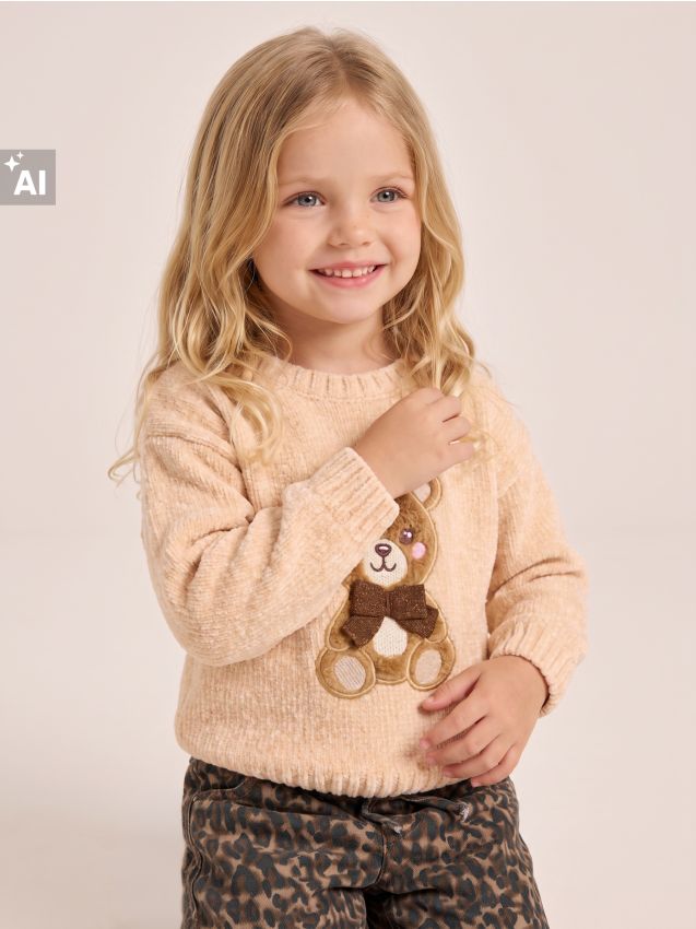 Sinsay - Pulover cu aplicație 3D cu motiv ursuleț soft touch - bej