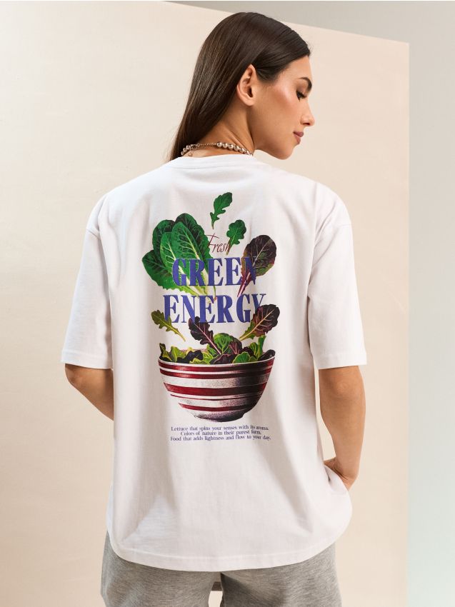 Sinsay - Tricou din bumbac cu imprimeu pe spate - crem