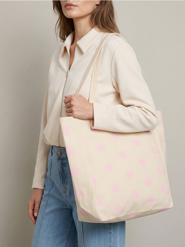 Sinsay - Geantă shopper din material textil cu imprimeu cu buline - crem