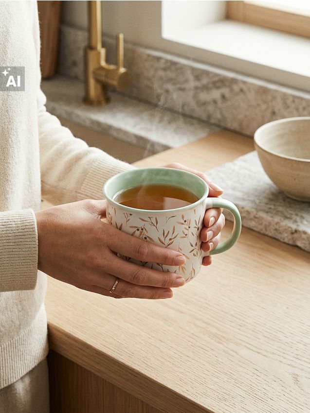 Sinsay - Cană ceramică cu motiv vegetal - verde-pal