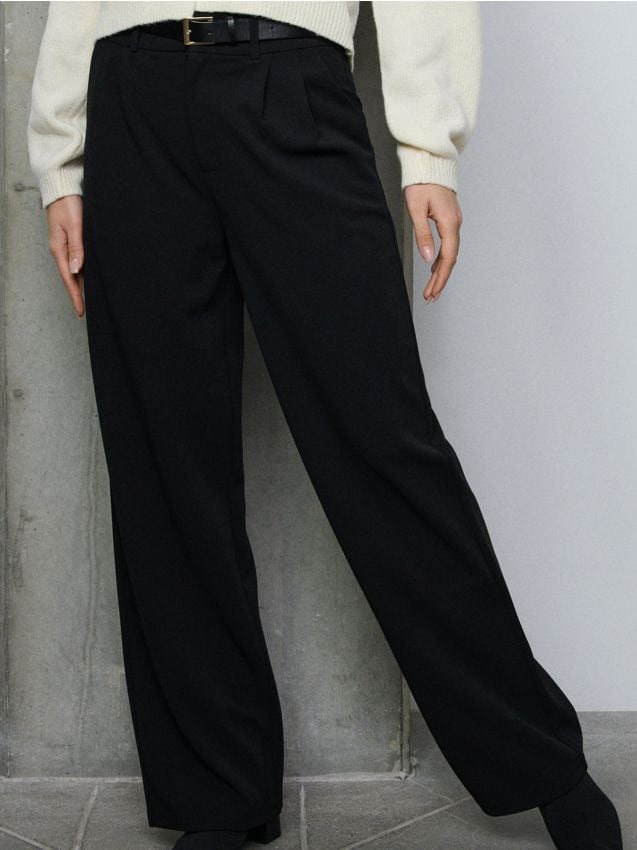 Sinsay - Spodnie wide leg z paskiem - czarny