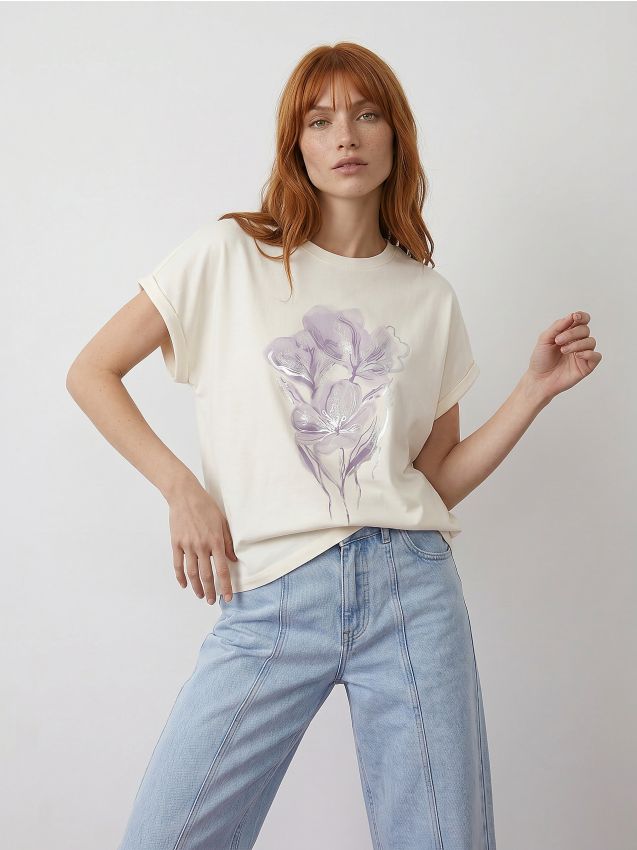 Sinsay - Tricou din bumbac cu imprimeu floral - crem