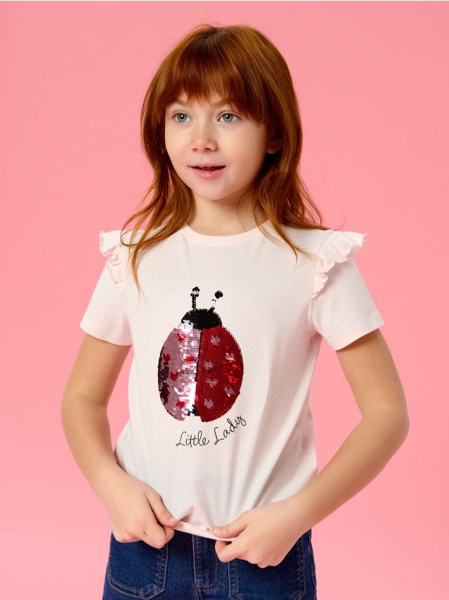 Sinsay - Tricou din bumbac cu aplicație din paiete - roz-pastel