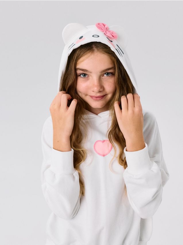 Sinsay - Hoodie cu glugă decorativă Hello Kitty - crem